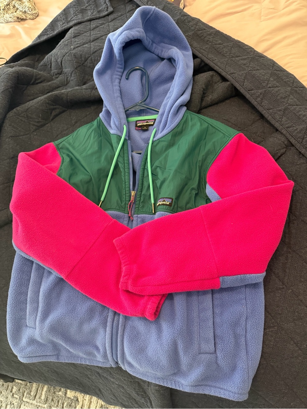 Patagonia Hooded Colorblock Fleece Jacket - Blue, Pink & Green